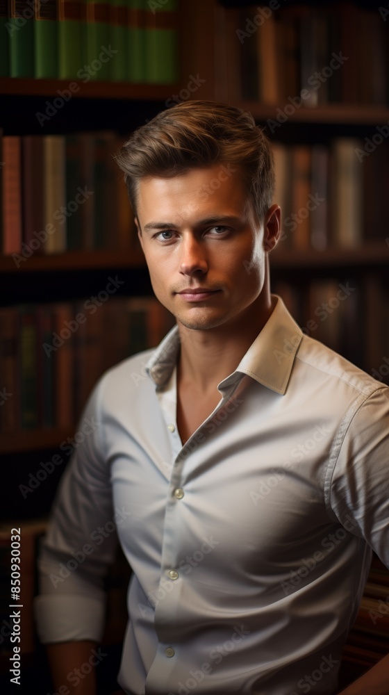 Fototapeta premium Close-up of a charming young teacher, bookshelf blurred behind, natural light, engaging gaze