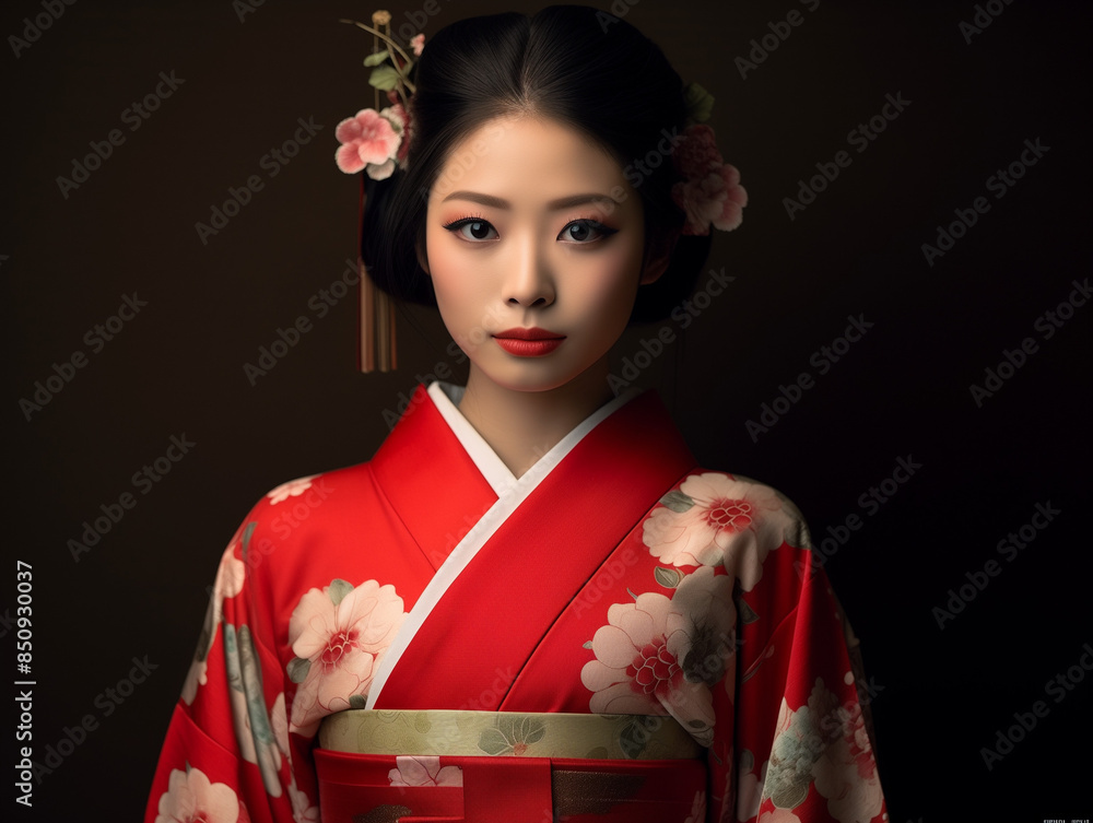 Fototapeta premium Traditional Japanese Woman in Red Kimono with Floral Patterns, AI Generation