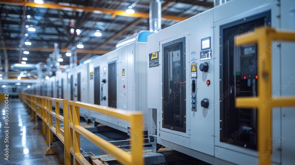 A large industrial building with many large white cooling units A large industrial building with many large white cooling units