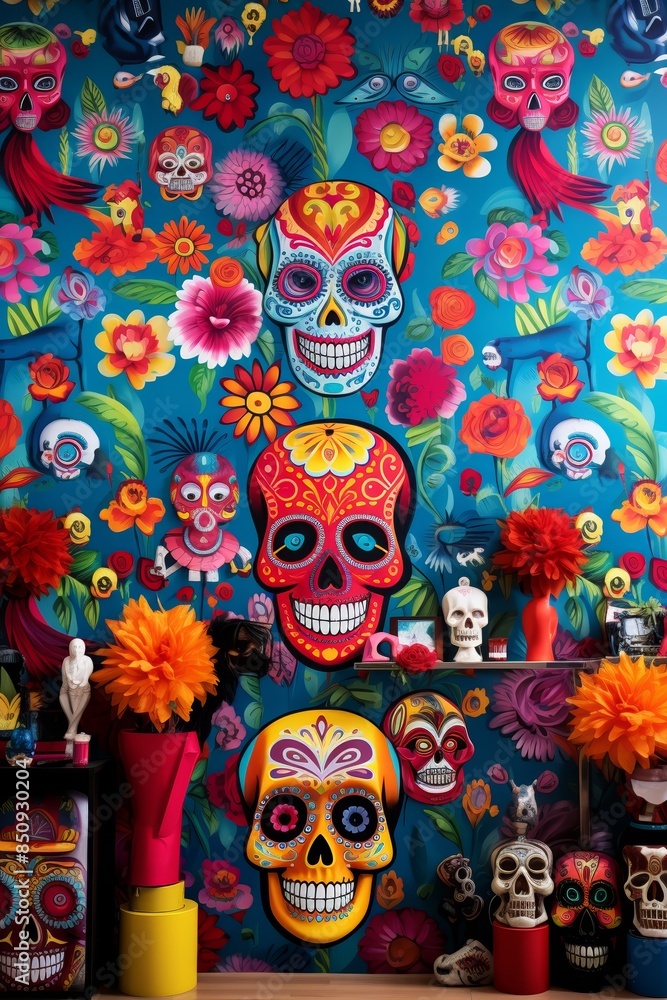 Colorful wallpaper with Day of the Dead theme, skulls and festive decorations, vibrant and joyful Colorful wallpaper with Day of the Dead theme, skulls and festive decorations, vibrant and joyful