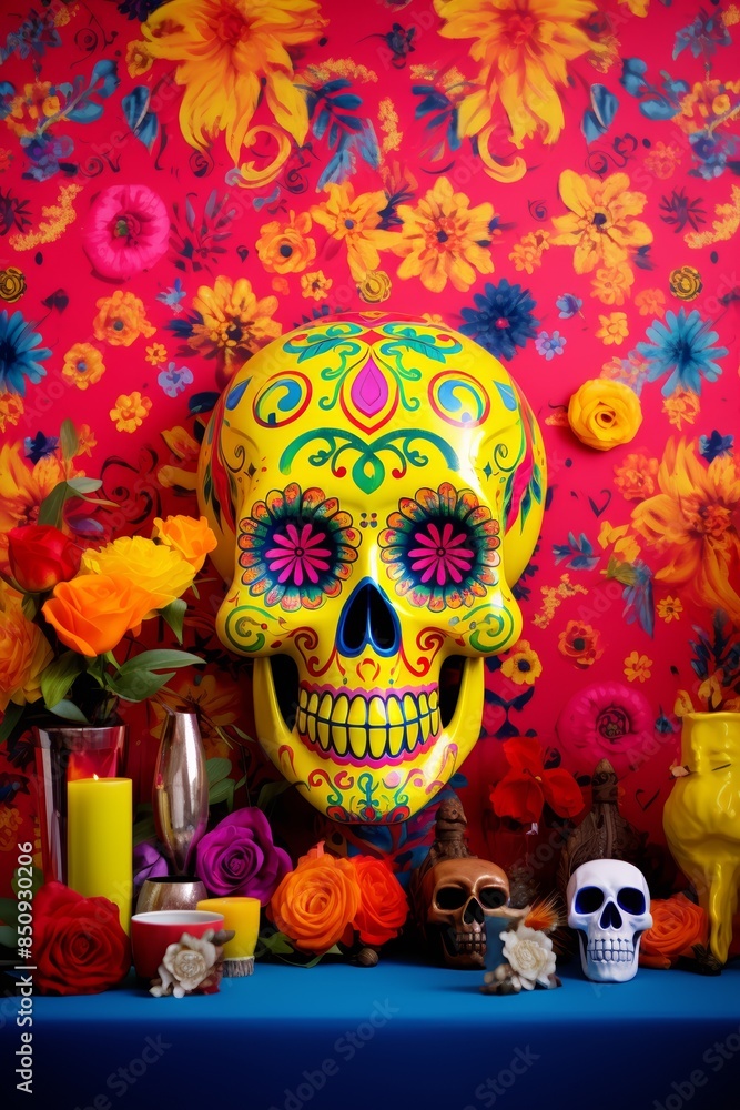 Colorful wallpaper with Day of the Dead theme, skulls and festive decorations, vibrant and joyful Colorful wallpaper with Day of the Dead theme, skulls and festive decorations, vibrant and joyful