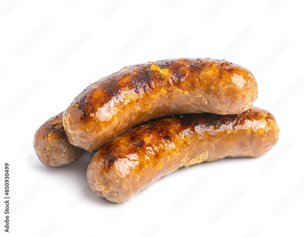 gebratene frische Bratwurst isoliert auf weißen Hintergrund, Freisteller gebratene frische Bratwurst isoliert auf weißen Hintergrund, Freisteller
