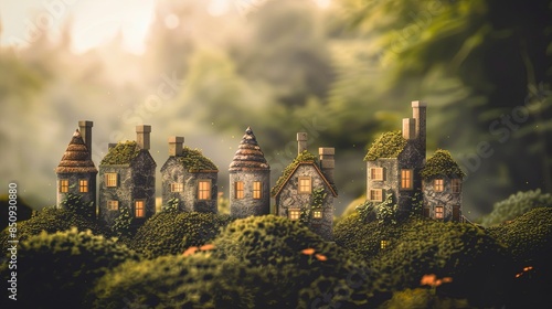 A fairytale village in the forest with many miniature houses covered with moss. Fantasy landscape. Concept of unreal world. Illustration for cover, greeting card, interior design, decor or print. photo