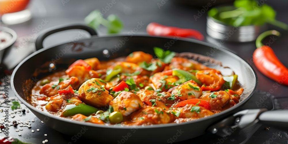 Realistic 3D rendering of traditional Indian fish curry with bell peppers. Concept Indian Cuisine, 3D Rendering, Fish Curry, Bell Peppers, Traditional Recipe Realistic 3D rendering of traditional Indian fish curry with bell peppers. Concept Indian Cuisine, 3D Rendering, Fish Curry, Bell Peppers, Traditional Recipe