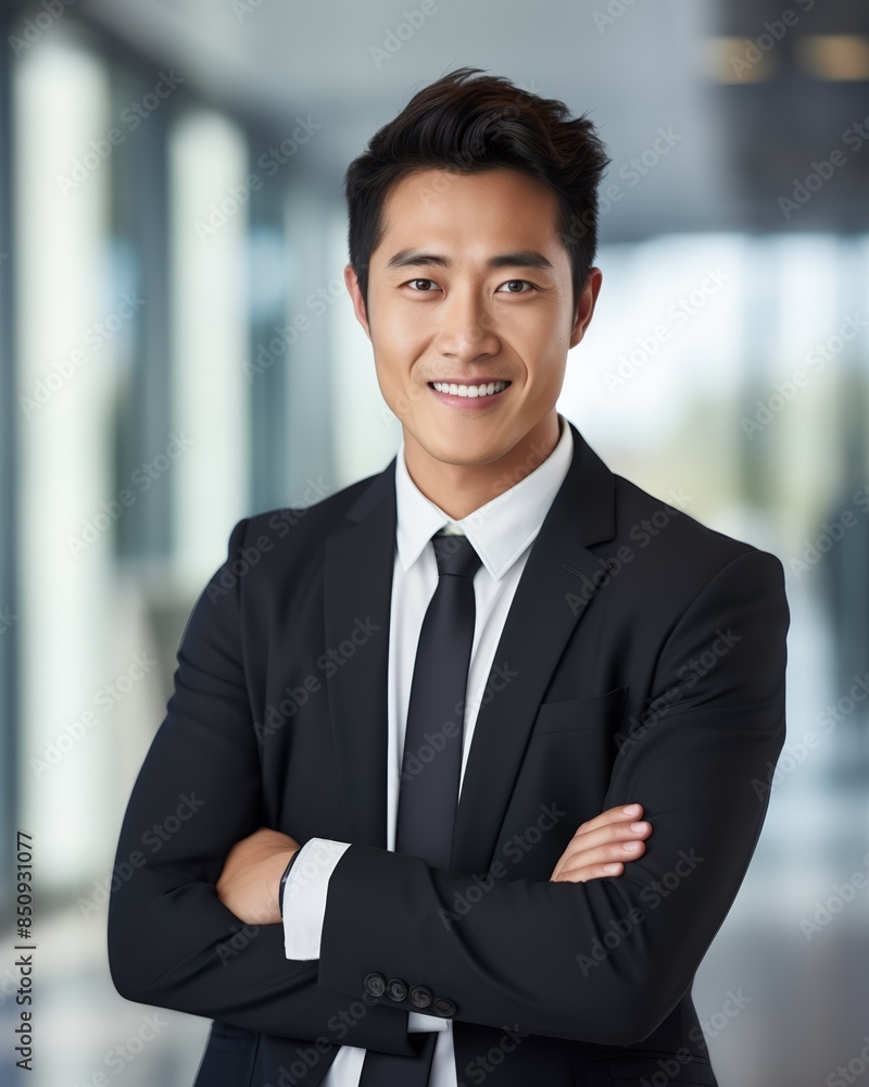 Portrait of a young Asian businessman, vibrant smile, office setting softly blurred, morning light Portrait of a young Asian businessman, vibrant smile, office setting softly blurred, morning light