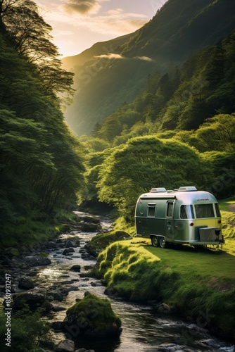 Small camper beside a babbling brook, lush green mountains backdrop, early morning light, serene