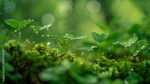 Close-up of young green plants covered in dew drops, surrounded by lush moss and a soft bokeh background, emphasizing natural freshness.  © hathairat