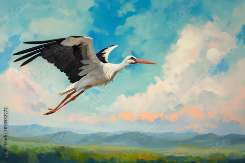 a graceful stork soars in the blue sky, watercolor