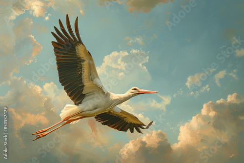 a graceful stork soars in the blue sky