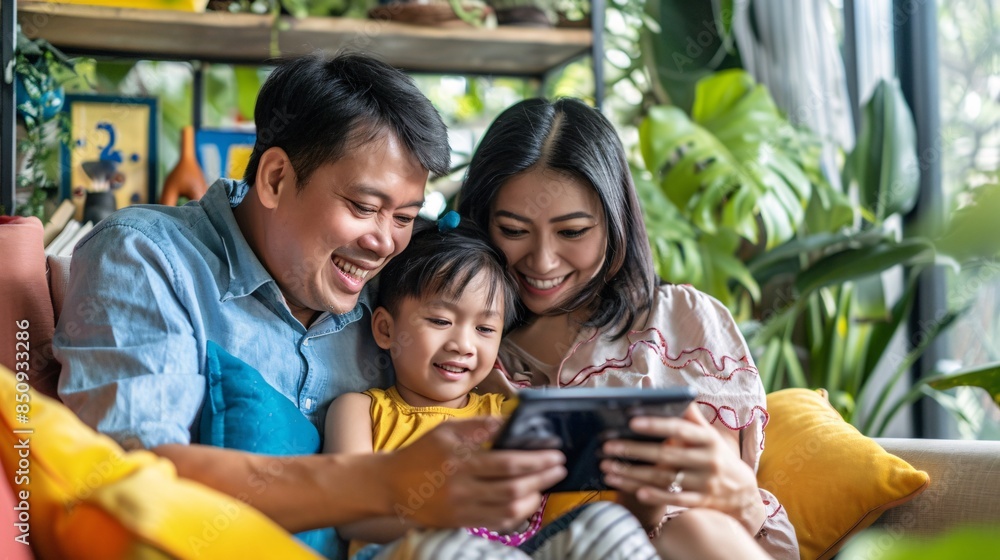 Obraz premium Happy Thai Family Managing Finances Together with a Budgeting App on Tablet in Colorful Living Room