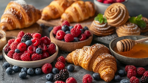 Delicious Breakfast Spread with Fresh Croissants and Berries