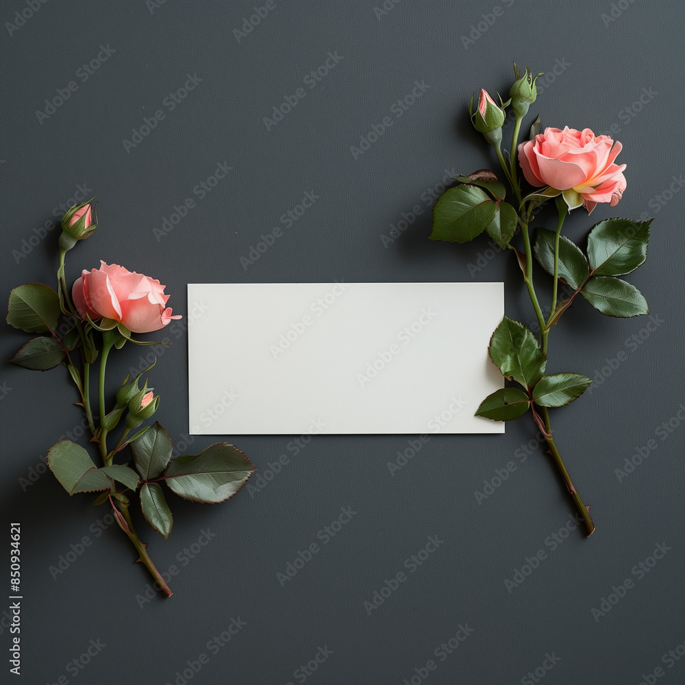 Fototapeta premium A white card with pink roses and green leaves on the edges, lying flat against a dark gray background. Copy space.Minimal creative advertise concept.Flat lay