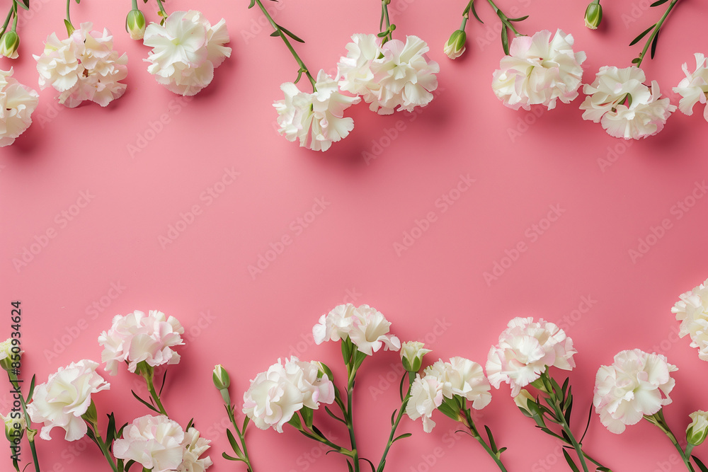 mini white carnations on a pink background, in a flat lay, top view, copy space concept. mini white carnations on a pink background, in a flat lay, top view, copy space concept.