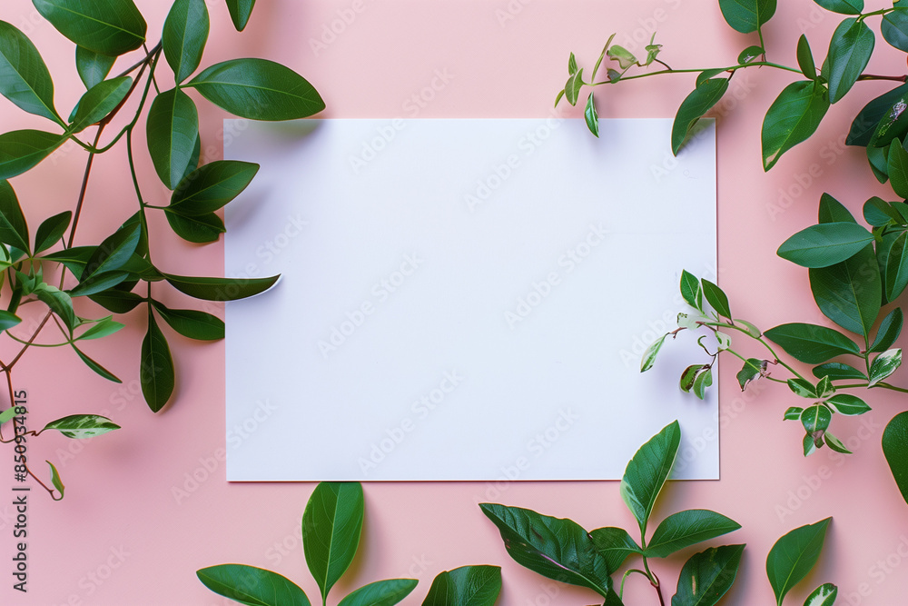 Naklejka premium A white card with plant branches growing on it lies flat against a pink background in the style of mockup photography.