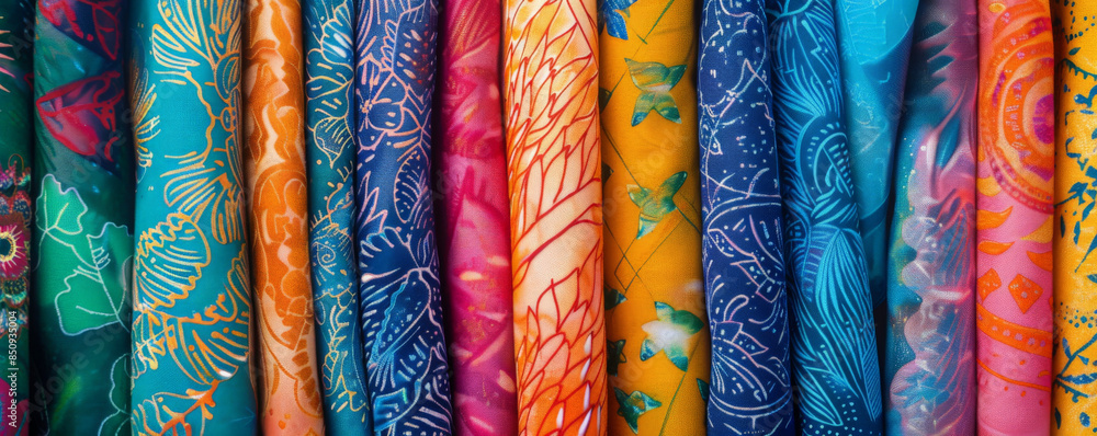 Fabric background with vibrant, batik prints on cotton. Fabric background with vibrant, batik prints on cotton.