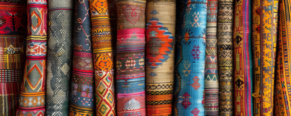 Fabric background with vibrant, ethnic patterns on woven fabric. Fabric background with vibrant, ethnic patterns on woven fabric.