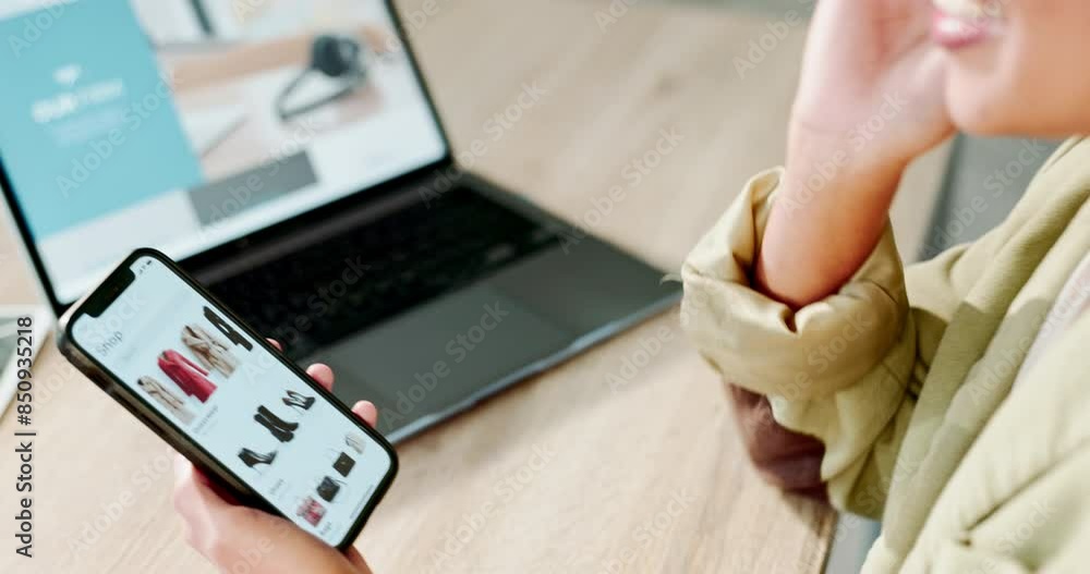 Phone screen, woman and online shopping with notification of successful order, payment and fashion receipt. Happy customer on mobile app for clothes fintech, ecommerce and user experience at home