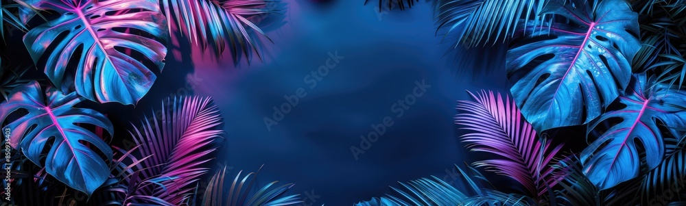 Obraz premium Vibrant Tropical Leaves: Neon Colors and Dark Background for Modern Nature Art