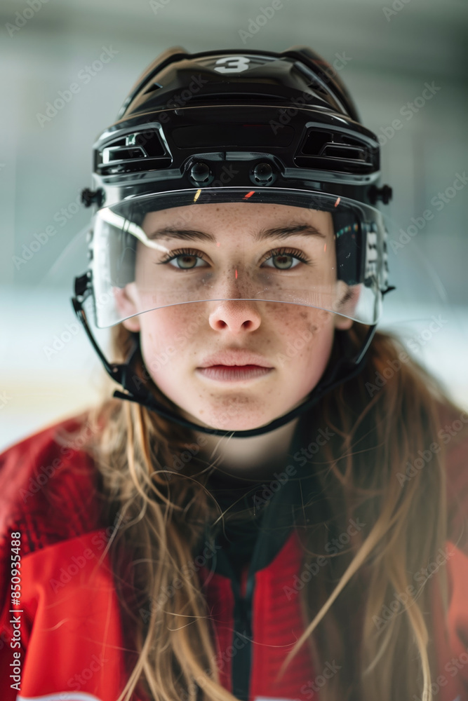 Focused Female Hockey Player Wearing Helmet and Red Jersey Ready for Action on the Ice Focused Female Hockey Player Wearing Helmet and Red Jersey Ready for Action on the Ice