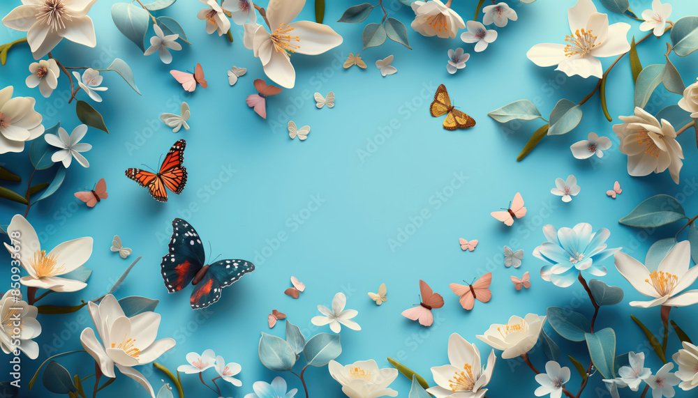 Vibrant Butterflies and Blossoms on Bright Blue Background in Spring Vibrant Butterflies and Blossoms on Bright Blue Background in Spring