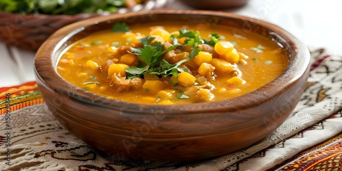 Fototapeta Naklejka Na Ścianę i Meble -  Traditional Bolivian Dish Locro, the Bolivian Lacusa Soup. Concept Bolivian Cuisine, Locro Recipe, Bolivian Food Culture, Lacusa Soup Recipe