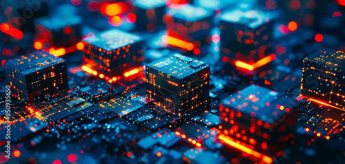 Abstract digital city with glowing blocks.