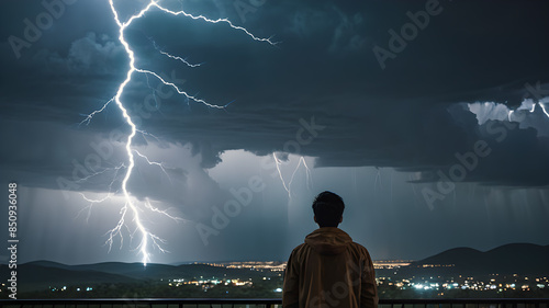 Man wach a  flash of lightning on dark background. Cloud storm sky with thunderbolt over rural landscape. photo
