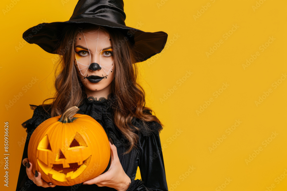 A bright woman in a Halloween-themed witch costume with a pumpkin in her hands on an orange background that complements the Halloween theme. A bright woman in a Halloween-themed witch costume with a pumpkin in her hands on an orange background that complements the Halloween theme.