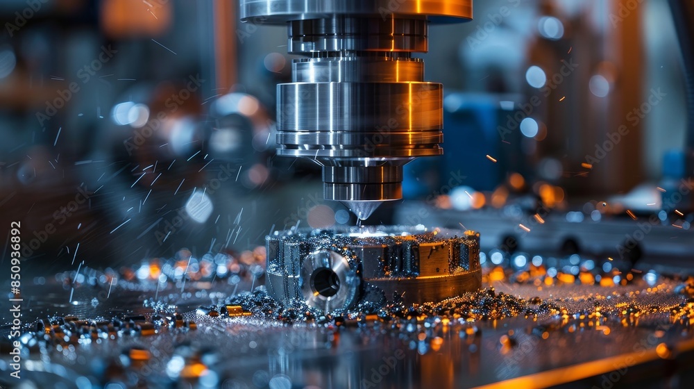 A machine is cutting through a piece of metal, creating sparks and debris A machine is cutting through a piece of metal, creating sparks and debris