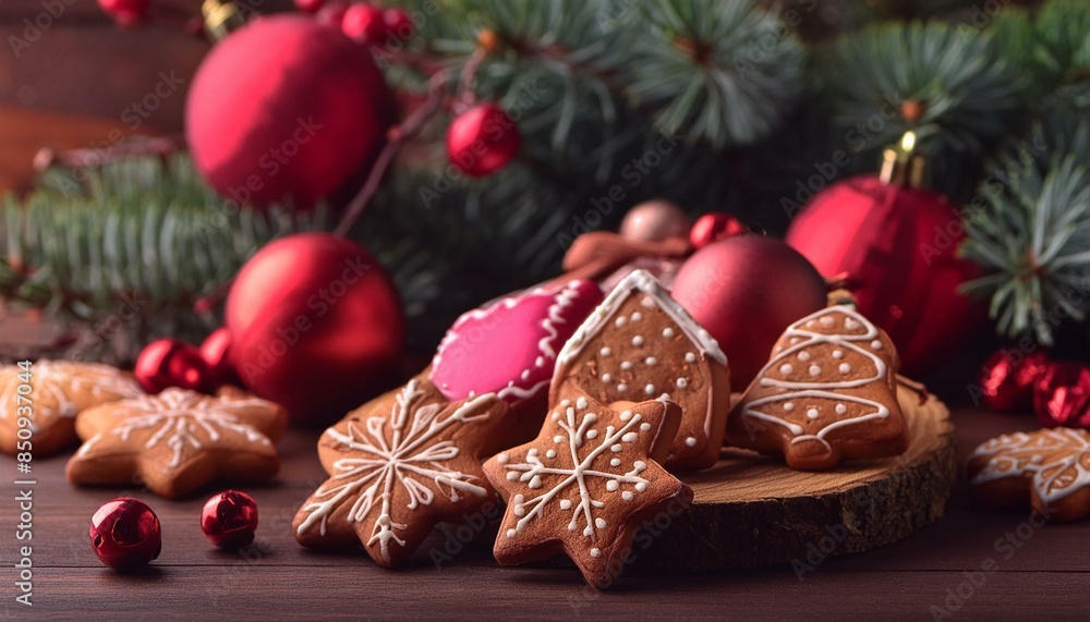 Christmas composition with tasty gingerbread cookies on dark wooden background Christmas composition with tasty gingerbread cookies on dark wooden background