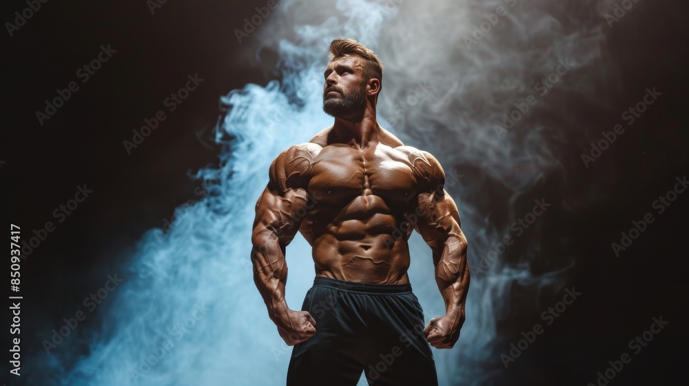 Obraz premium muscular man is competing in a bodybuilding competition on stage with spotlight and a dark background