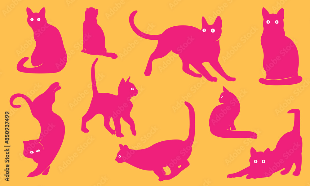 Set Pink Cats. cat silhouette vector illustration collection. pink silhouette on a white background showing various cat poses. ideal for pet themed designs Set Pink Cats. cat silhouette vector illustration collection. pink silhouette on a white background showing various cat poses. ideal for pet themed designs