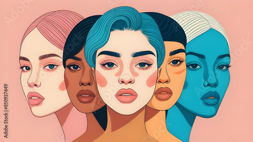 Multicultural Beauty: Diverse Women's Portraits in Vibrant Colorful Modern Art Abstract Illustration Celebrating Diversity and Unity photo