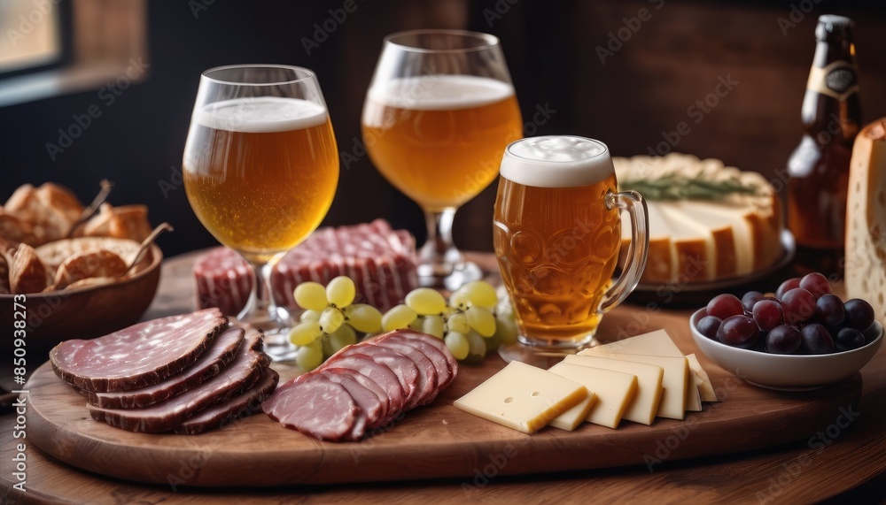 An inviting setup of beer, cheese, cured meats, and snacks arranged on a wooden board, creating the perfect atmosphere for a relaxing evening An inviting setup of beer, cheese, cured meats, and snacks arranged on a wooden board, creating the perfect atmosphere for a relaxing evening