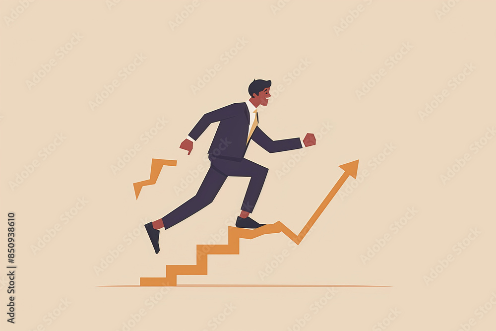 Obraz premium Businessman running towards success and an upward arrow graph showing growth in the style of an icon with a staircase for business development