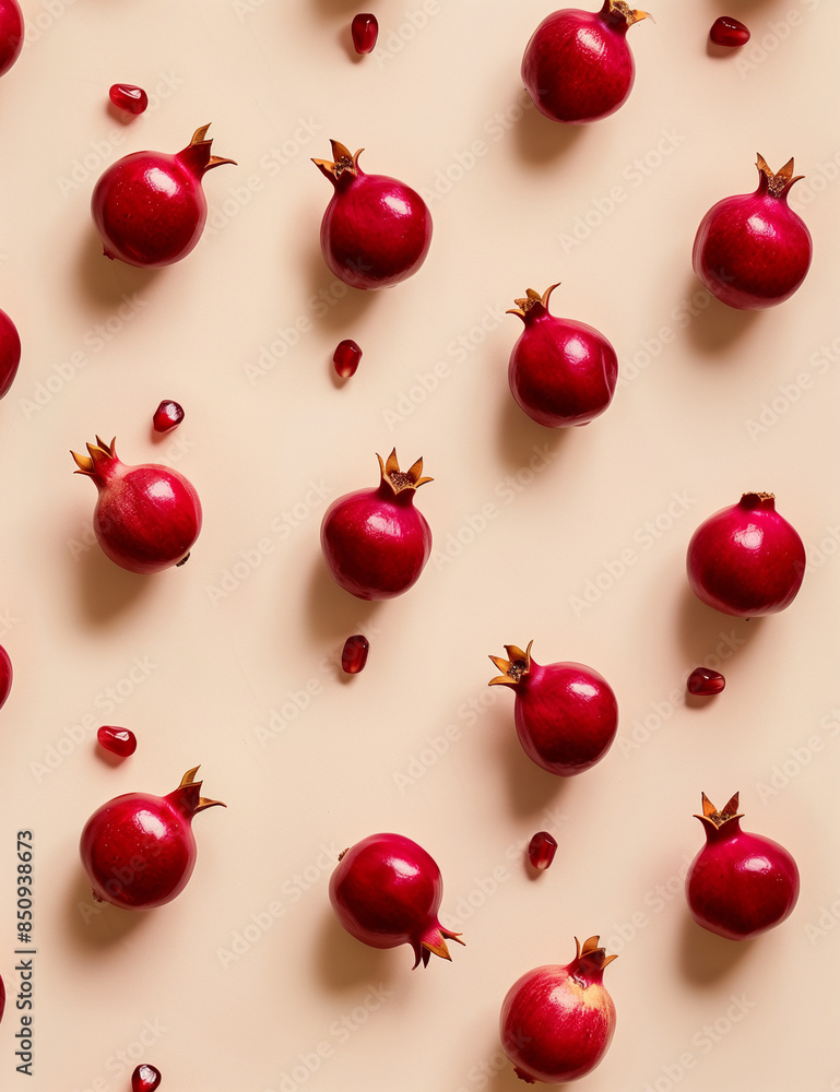 Flat lay photography of pomegranate seeds. Minimal creative food concept in a pattern style Flat lay photography of pomegranate seeds. Minimal creative food concept in a pattern style