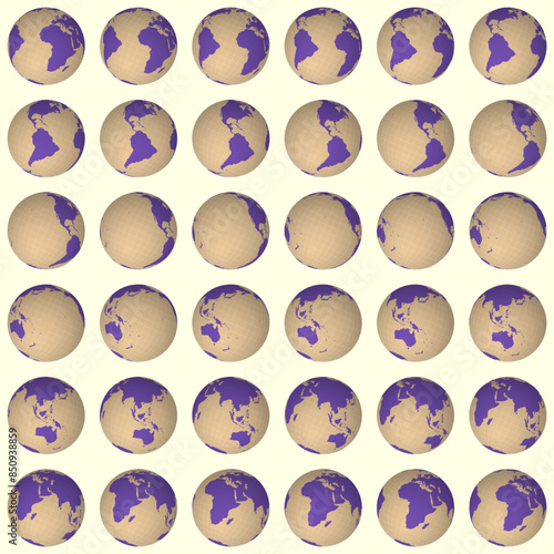 Collection of planet globes. Tilted sphere view. Rotation step 10 degrees. Solid color style. World map with sparse graticule lines on warm background. Creative vector illustration.
