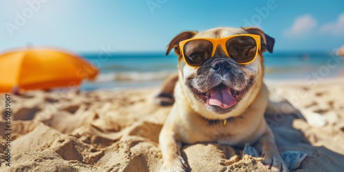 smiling Pug dog wearing sunglasses at sunny summer beach, happy summer traveling and holiday with pet companion concept © QuietWord