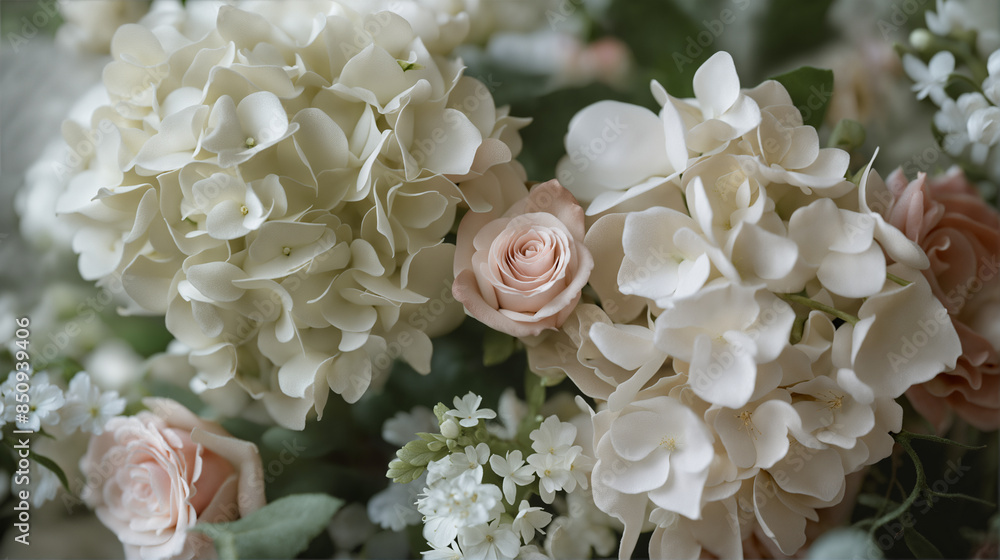 Closeup of Wedding White and Pink Bouquet, Rose and Hydrangeas, Romantic Valentine's Day Closeup of Wedding White and Pink Bouquet, Rose and Hydrangeas, Romantic Valentine's Day