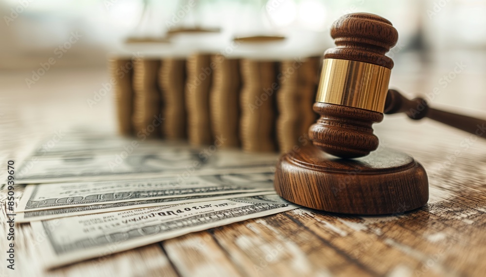 Wooden gavel lying on cash notes with background of stacked coins, financial concept Wooden gavel lying on cash notes with background of stacked coins, financial concept