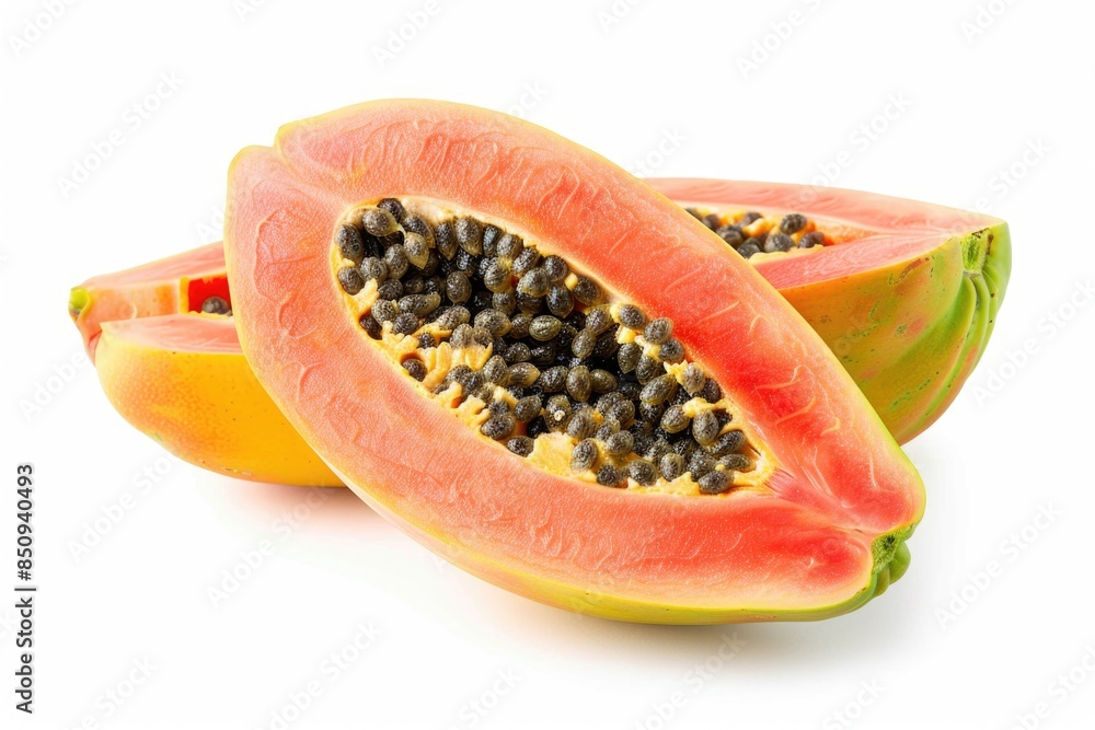 A freshly cut papaya sitting on a white surface, ready for consumption or decoration A freshly cut papaya sitting on a white surface, ready for consumption or decoration