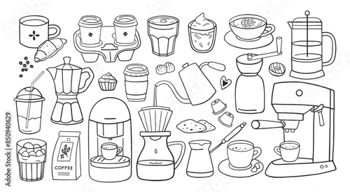 Hand drawn different types of coffee drinks set. Espresso, americano, cappuccino, latte, dalgona, cold brew, pour-over, french press. Doodle style vector illustrations