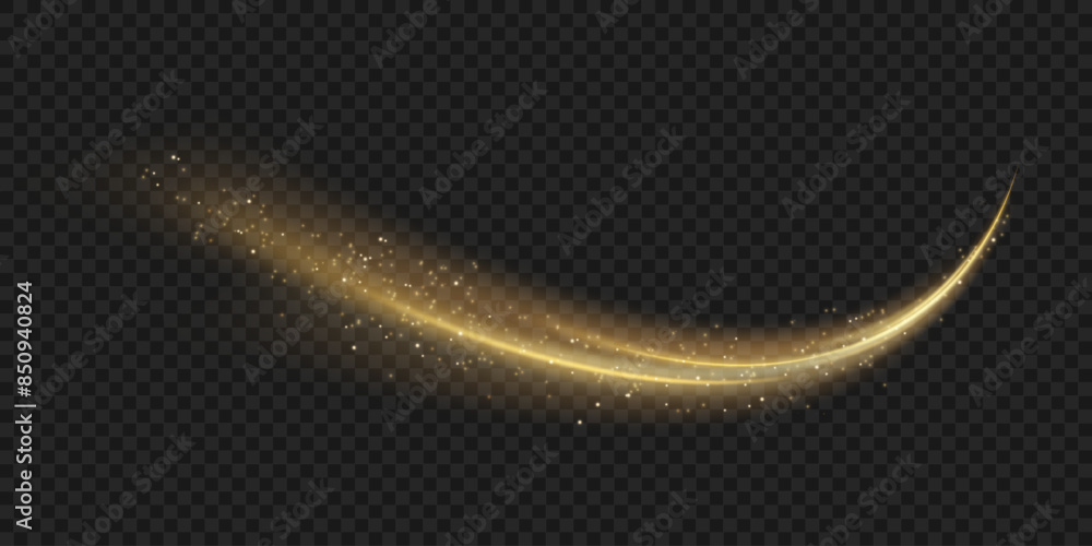 Golden sparkling light trail. Magic light trail of glittering comet tail. Shimmering golden wave with glitter. Golden sparkling light trail. Magic light trail of glittering comet tail. Shimmering golden wave with glitter.