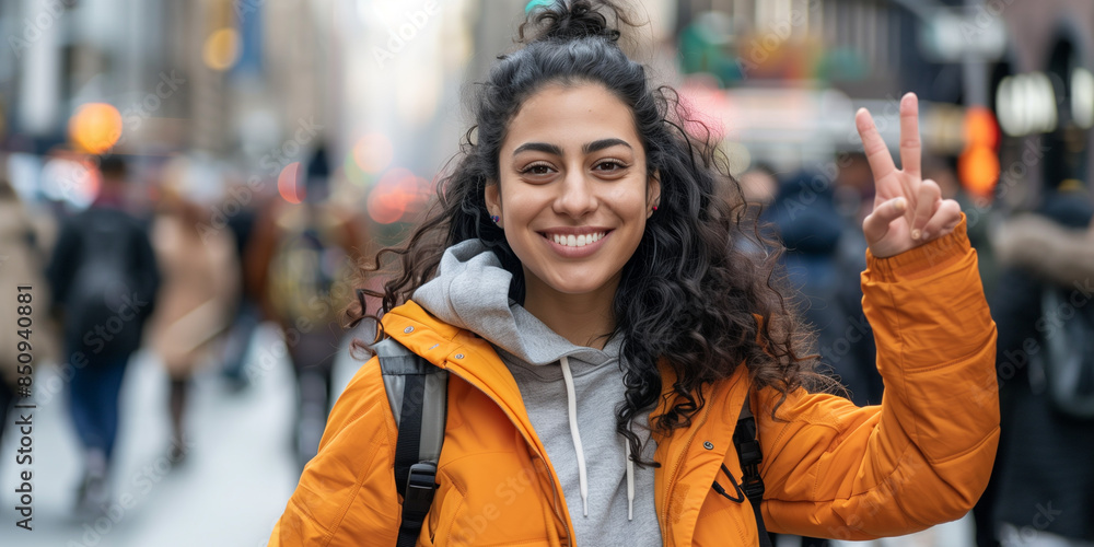 A beautiful woman with long curly hair wears an orange jacket and gray hoodie while smiling and making a peace sign.Minimal creative urban concept. A beautiful woman with long curly hair wears an orange jacket and gray hoodie while smiling and making a peace sign.Minimal creative urban concept.