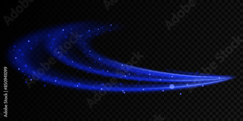 Glowing fire lines effect. Blue glittering magic particles trails isolated on transparent background. Sparkling wavy light effect.