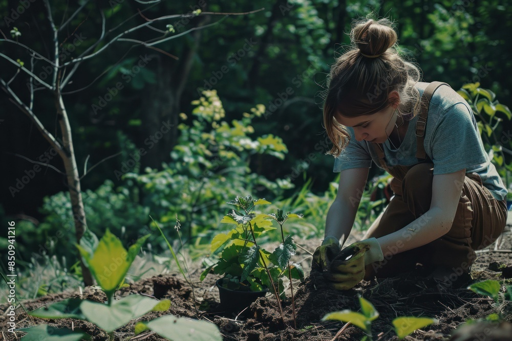 Fototapeta premium Focused woman plants seedlings in a lush, sundappled woodland clearing