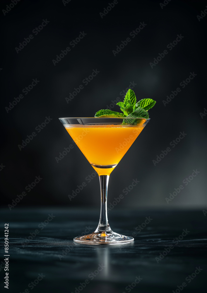 Orange juice in a glass with mint leaves on a black background Orange juice in a glass with mint leaves on a black background