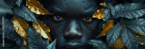 close-up view of a face adorned with vibrant leaves, creating a mystical and ethereal connection between humanity and nature. photo