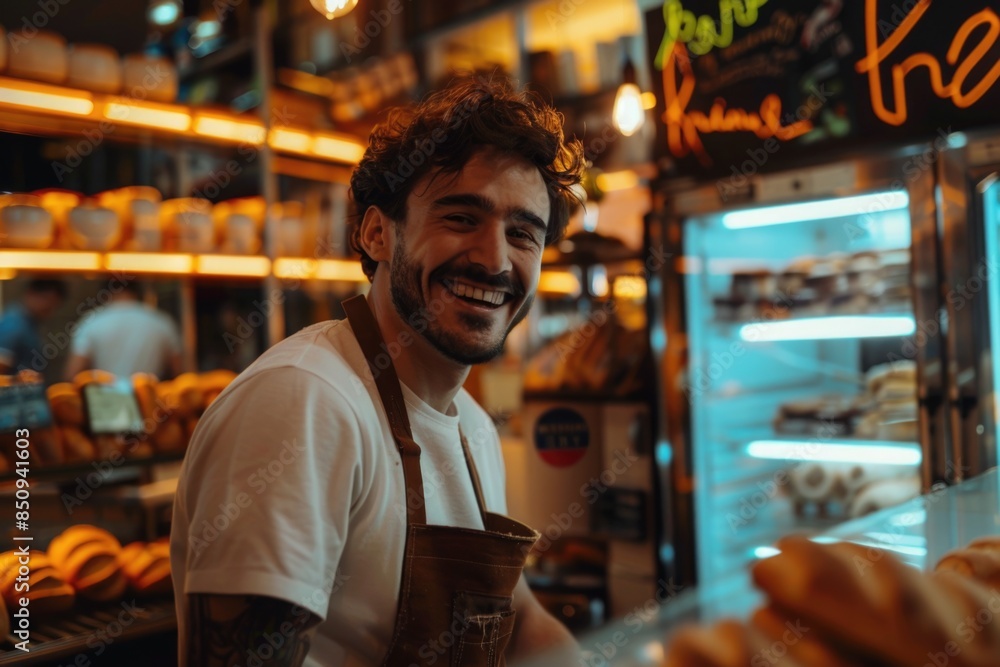 A happy man standing in front of a bakery with a warm and inviting atmosphere A happy man standing in front of a bakery with a warm and inviting atmosphere
