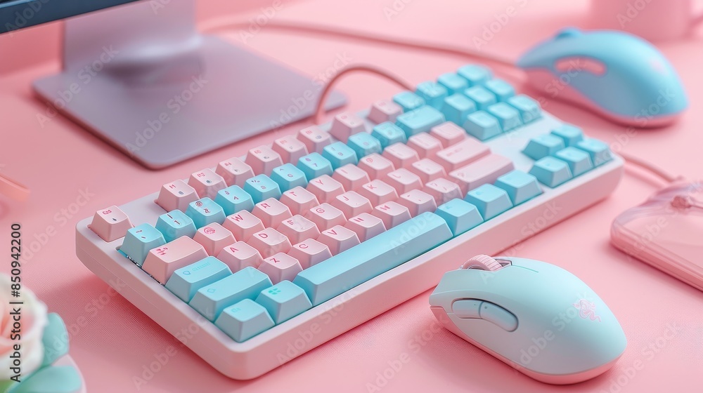 A pink keyboard and mouse are displayed on a pink background A pink keyboard and mouse are displayed on a pink background